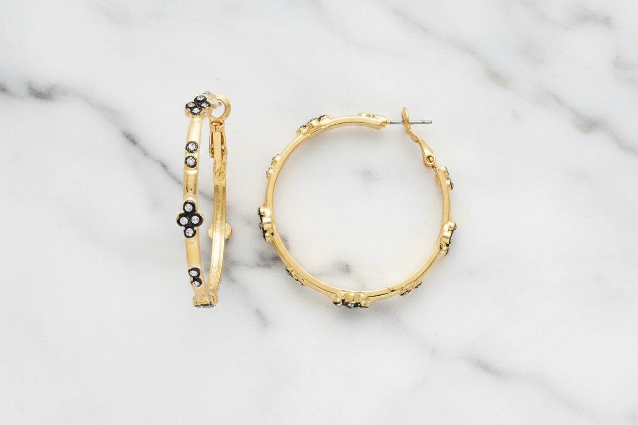 Gold w/ Hematite Flower Hoop Earring