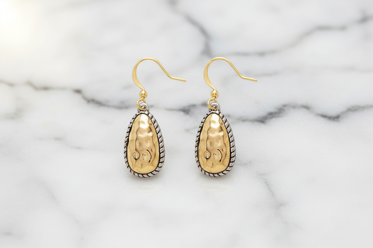 Hammered Gold w/ Silver Cable Teardrop Earrings