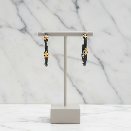 Hematite Hoop Earring w/ Gold Fleur De Lis