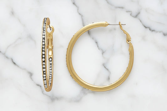 Large Gold Hoop Earrings w/ Hematite CZs
