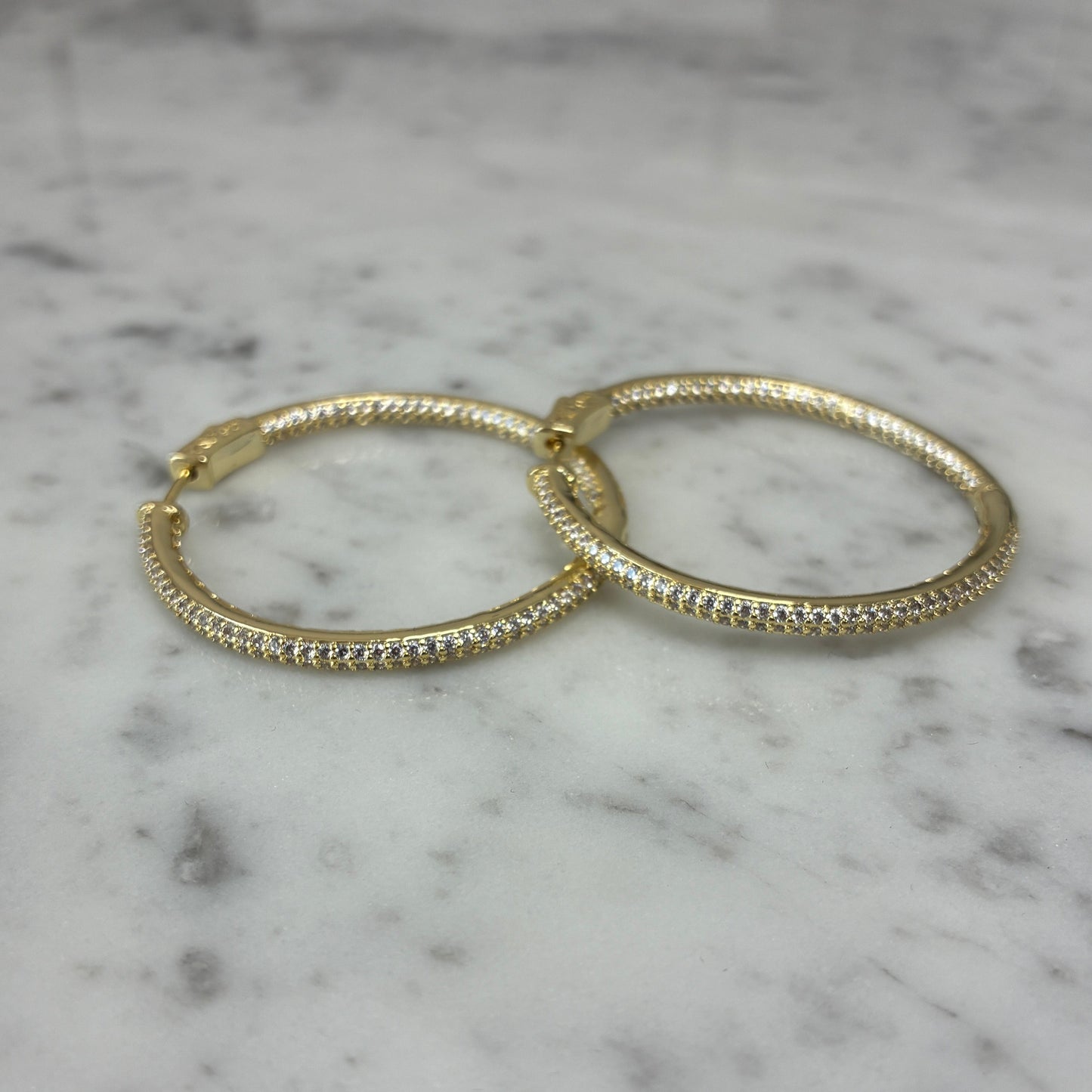 Large Gold Pave Hoop Earrings w/ Button