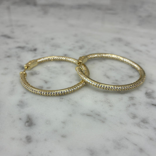 Large Gold Pave Hoop Earrings w/ Button