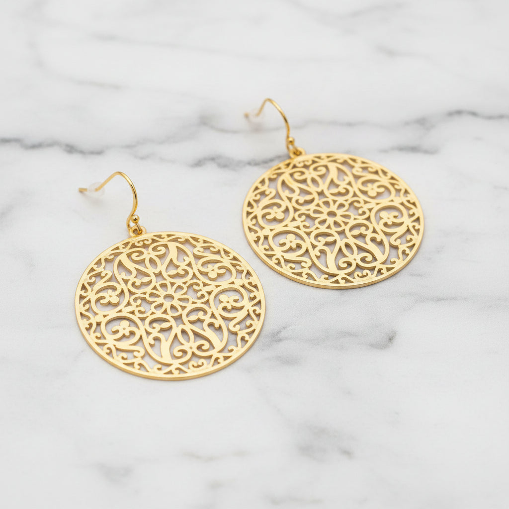 Large Round Gold Lacy Dangle Earring