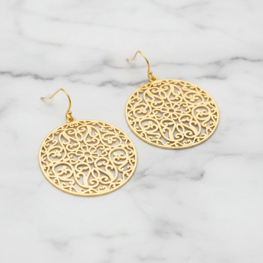 Large Round Gold Lacy Dangle Earring