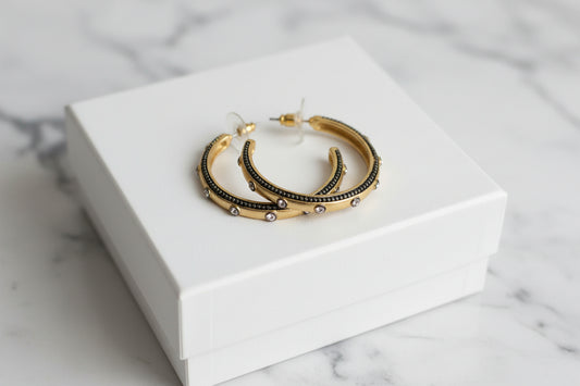 Medium Brushed Gold & Hematite CZ Hoop Earring