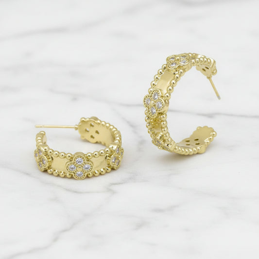Small Gold Hoop Earring w/ CZ Clovers
