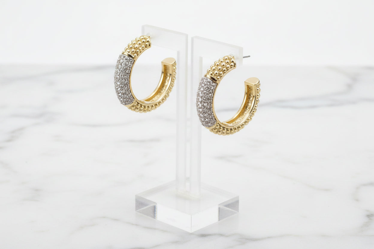 Two Tone Beady Pave Hoop Earring