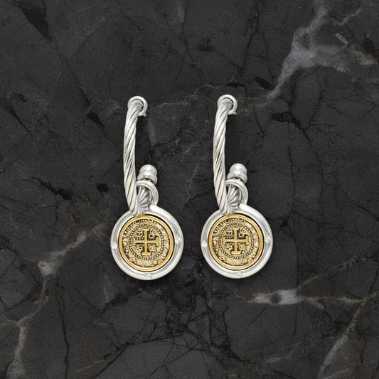 Two Tone Cable Hoop w/ Coin Dangle Earrings
