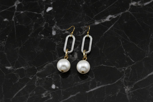 Two Tone Cable Pearl Link Dangle Earring