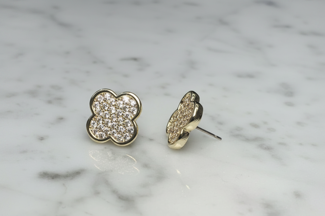 Two Tone Pave Clover Post Earring