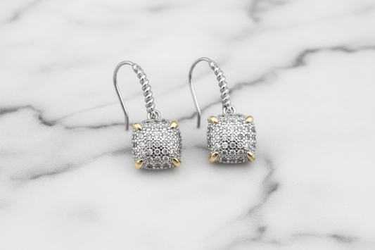 Two Tone Pave Square Dangle Earring