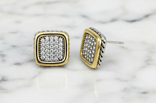 Lorena two-tone square pave post earring with sparkling stones and modern design, perfect for elegant jewelry collection.