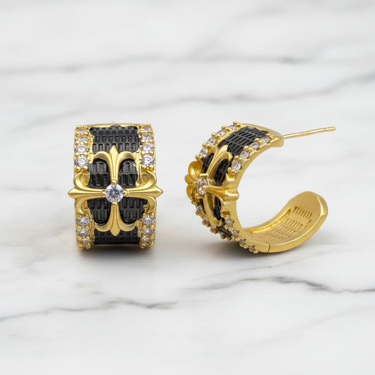 Wide Hematite Hoop Earrings w/ Gold & CZs