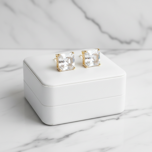 Lorena gold CZ square stud earring with sparkling cubic zirconia, showcasing a sleek and stylish jewelry design.