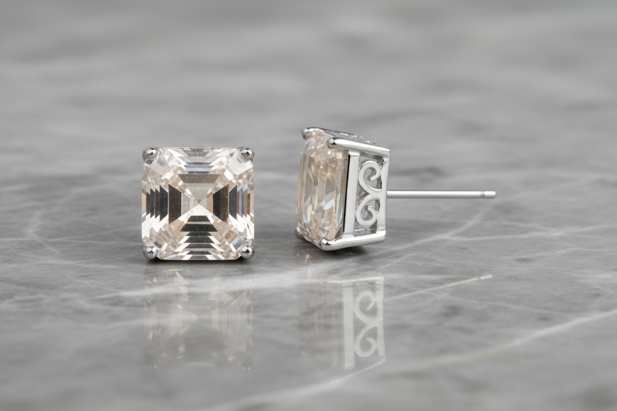 Lorena Gold CZ Square Stud Earring with sparkling cubic zirconia, featuring a sleek square design and secure post backing.