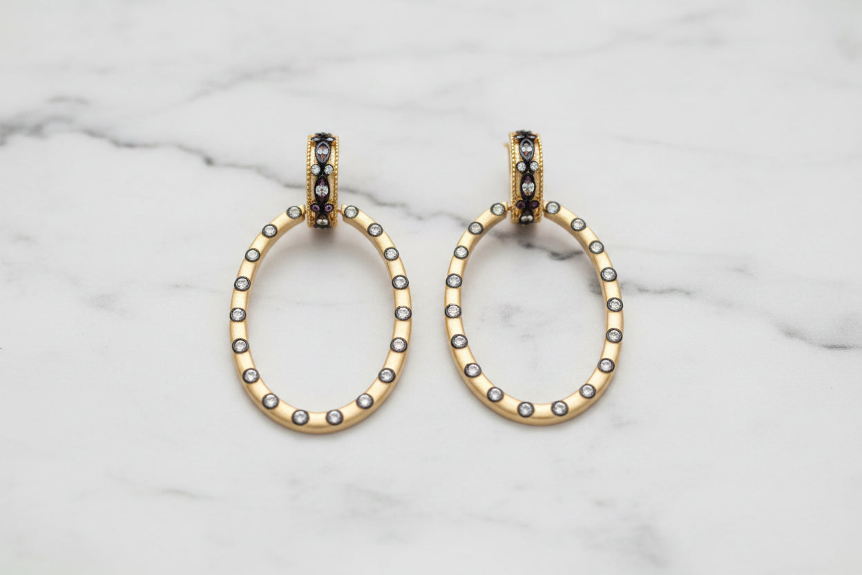 Gold Hematite CZ Oval Door Knocker Earring
