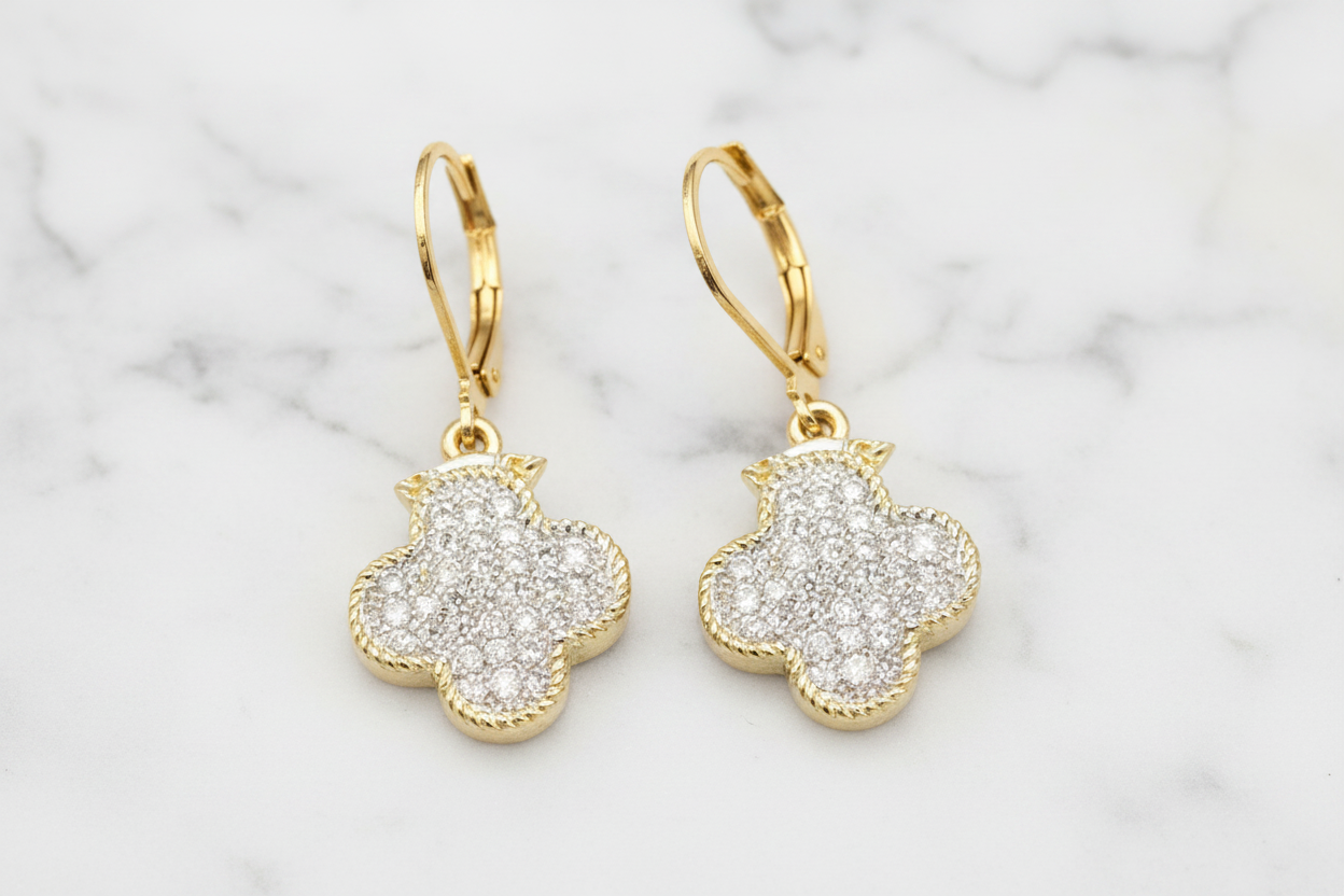 Lorena Pave Clover Dangle Earring featuring sparkling pavé detailing and a delicate floral design.