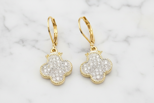 Lorena Pave Clover Dangle Earring featuring sparkling pavé detailing and a delicate floral design.