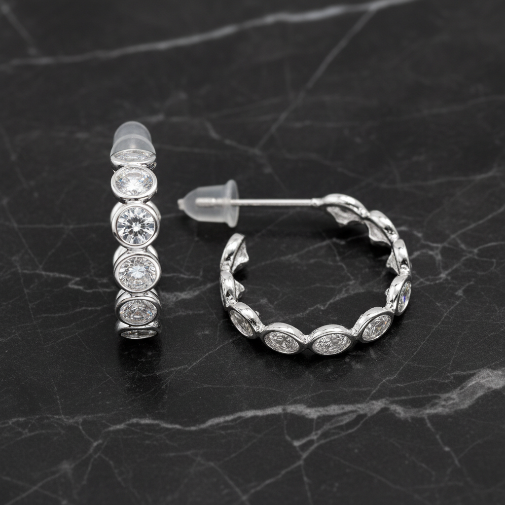 Small Bezel Set CZ Hoop Earrings