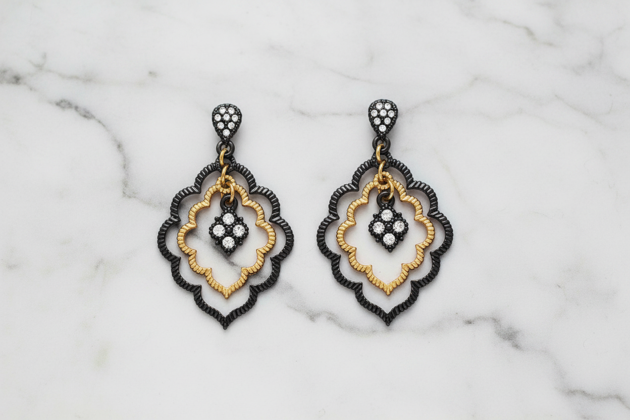Lorena floating gold earring with sparkling cubic zirconia stones, elegant jewelry accessory featuring a delicate design.