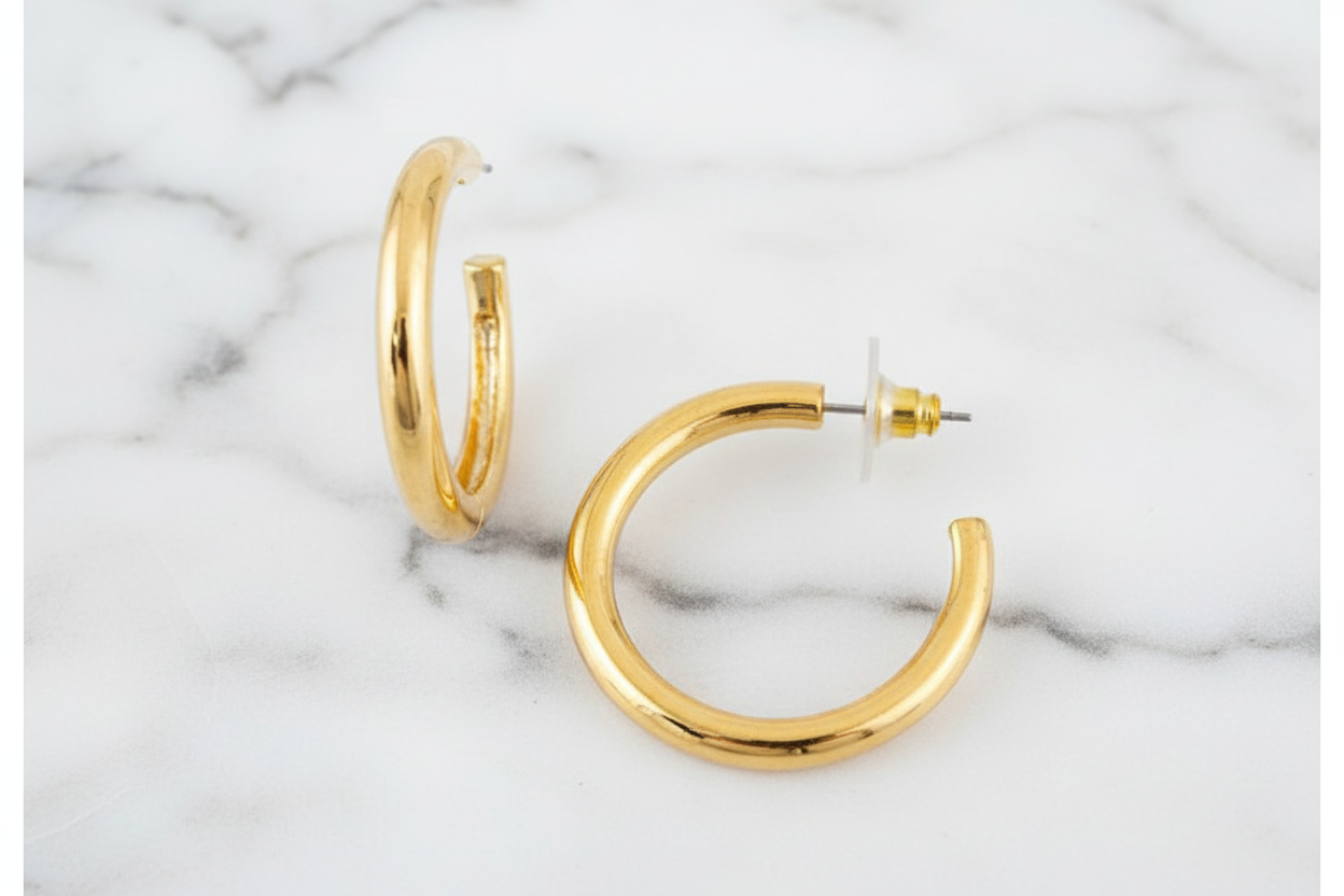 Med Shiny Hammered Hoop Earring