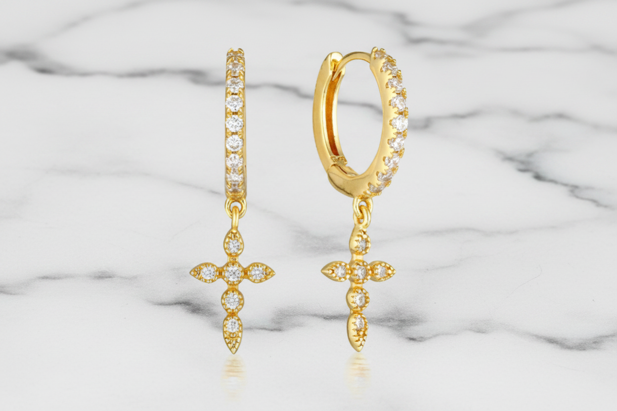 Tiny CZ Cross on Huggie Hoop Earring
