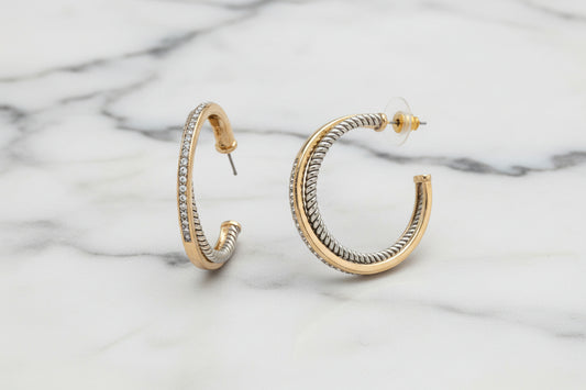 Large 2-Tone Cable Hoop Earrings w/ CZs