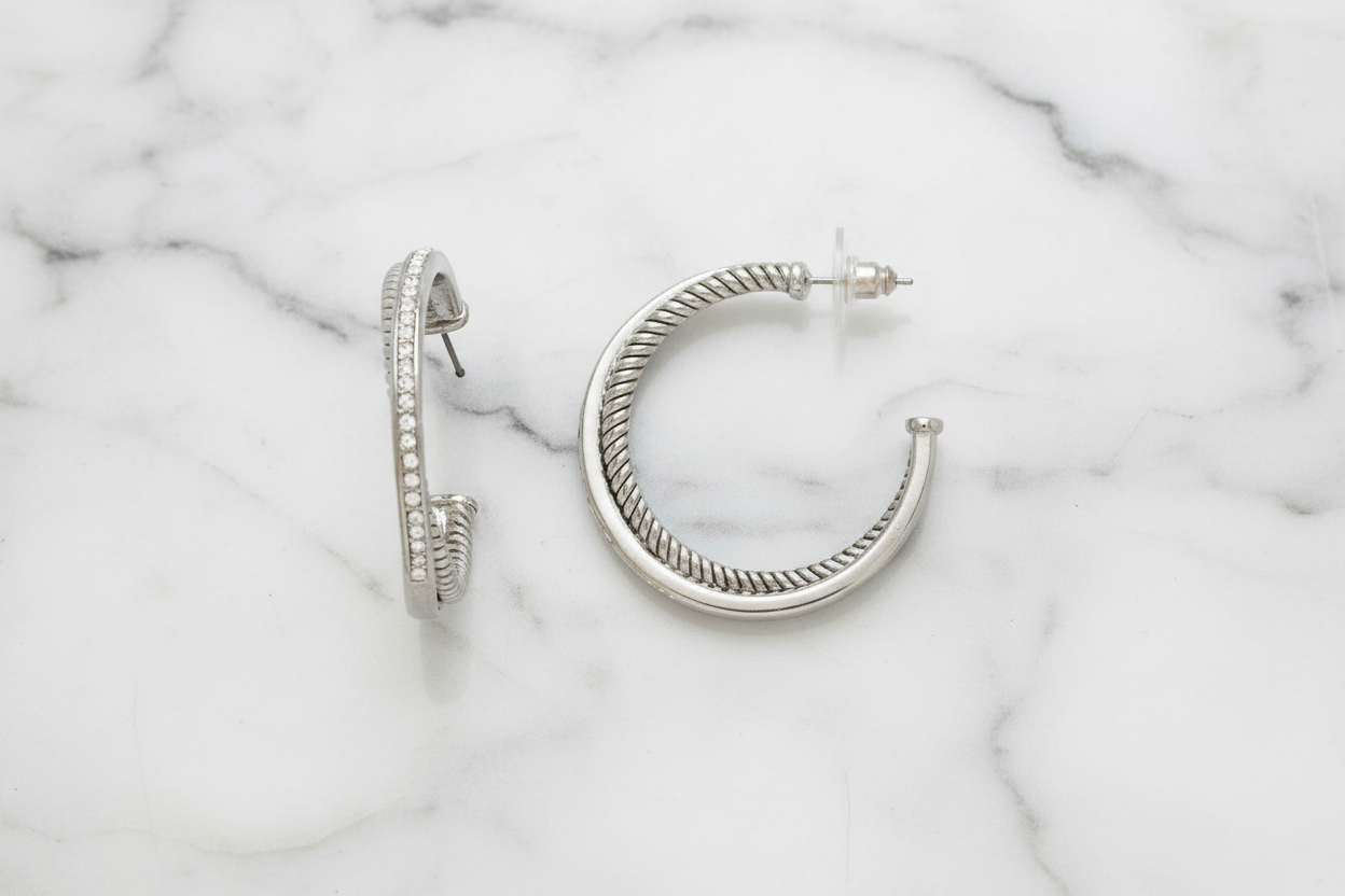 Large 2-Tone Cable Hoop Earrings w/ CZs