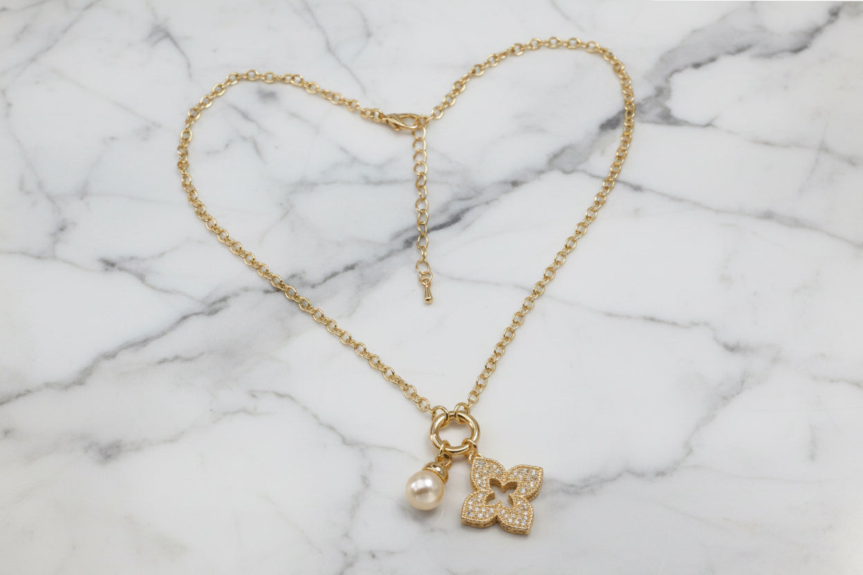 Gold Chain Necklace w/ Clover & Pearl Charms