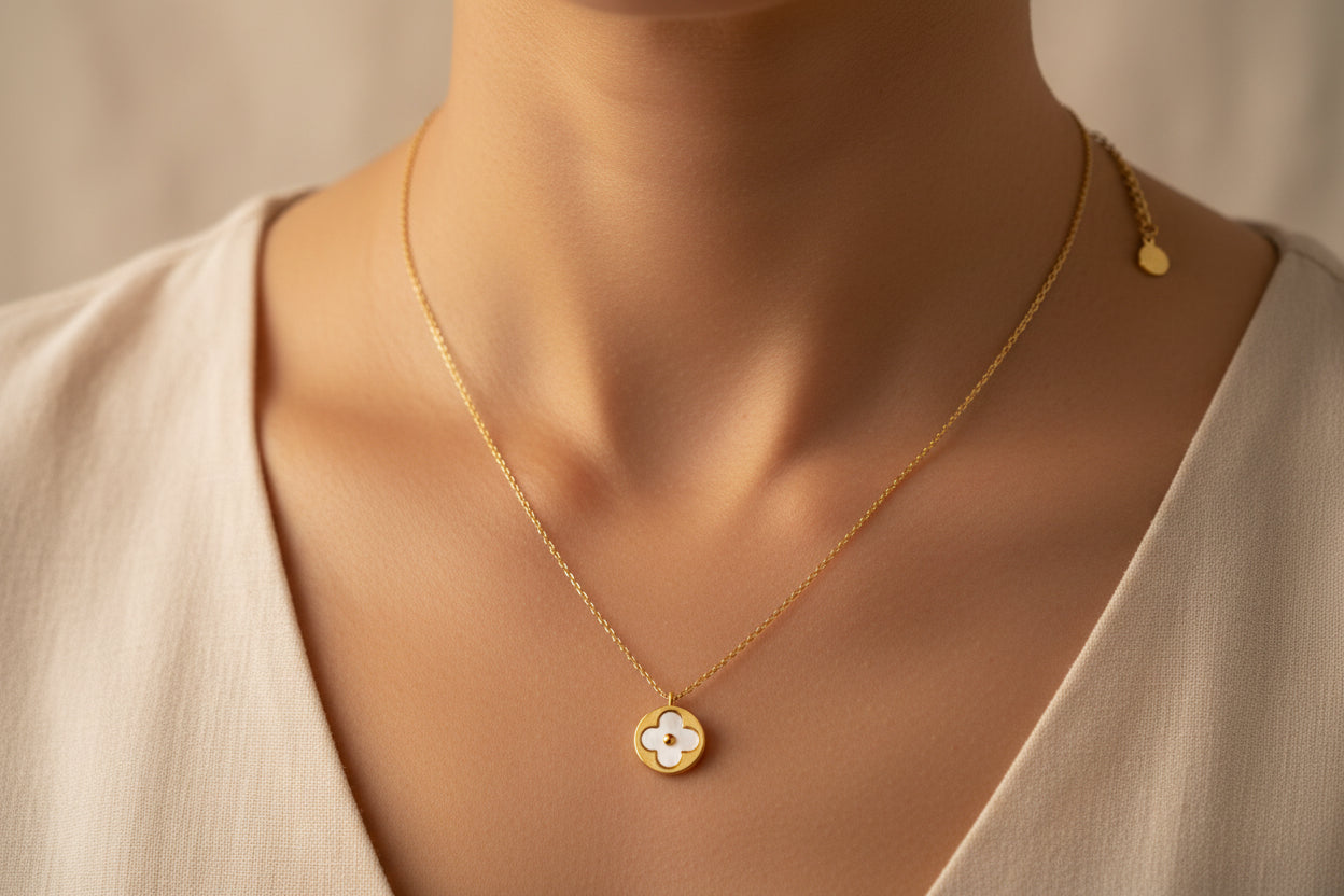 Gold Necklace w/ MOP Clovers