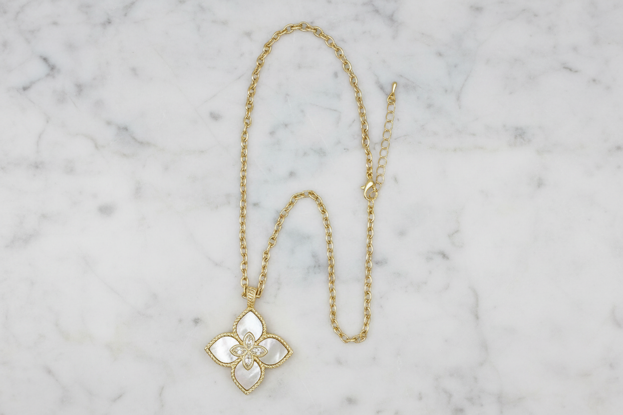 Large Gold MOP Clover Pendant on Chain Necklace