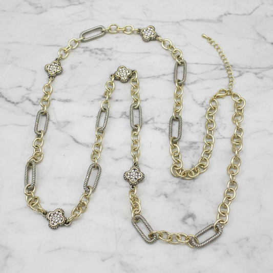 Two Tone Chain Necklace w/ CZ Clovers