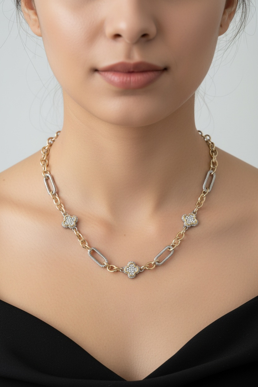 Two Tone Chain Necklace w/ CZ Clovers
