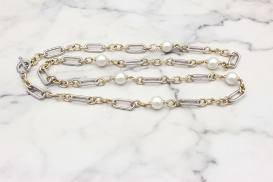 Lorena Two Tone Cable Pearl Link Necklace featuring elegant cable chain and pearl accents, stylish jewelry for women.