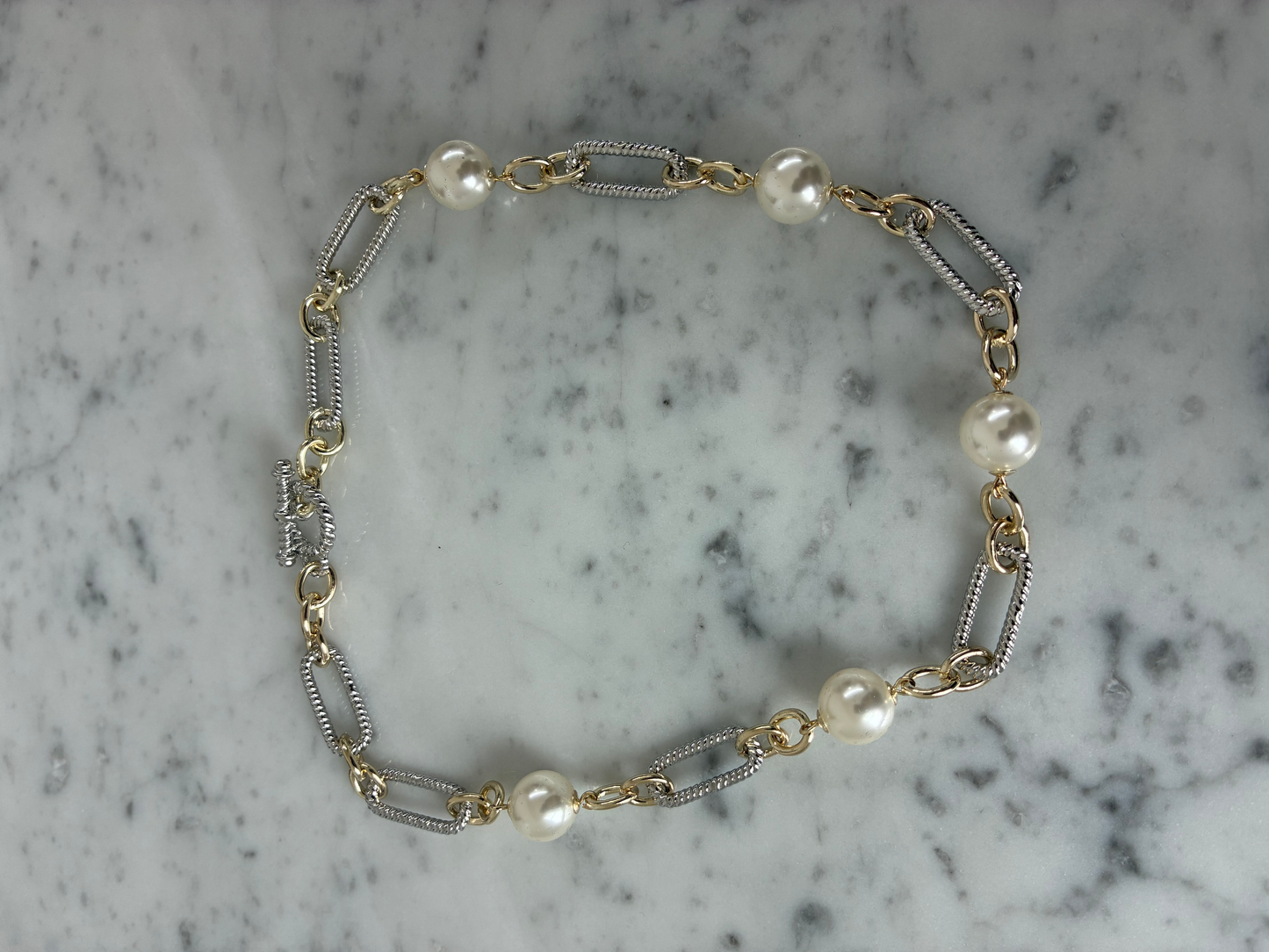 Two Tone Cable Pearl Link Necklace
