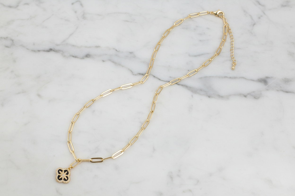Gold Paper Clip Necklace w/ CZ Clover
