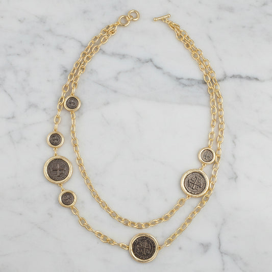 Lorena 2-strand gold chain necklace with hem coins, featuring a stylish layered design and intricate coin details.