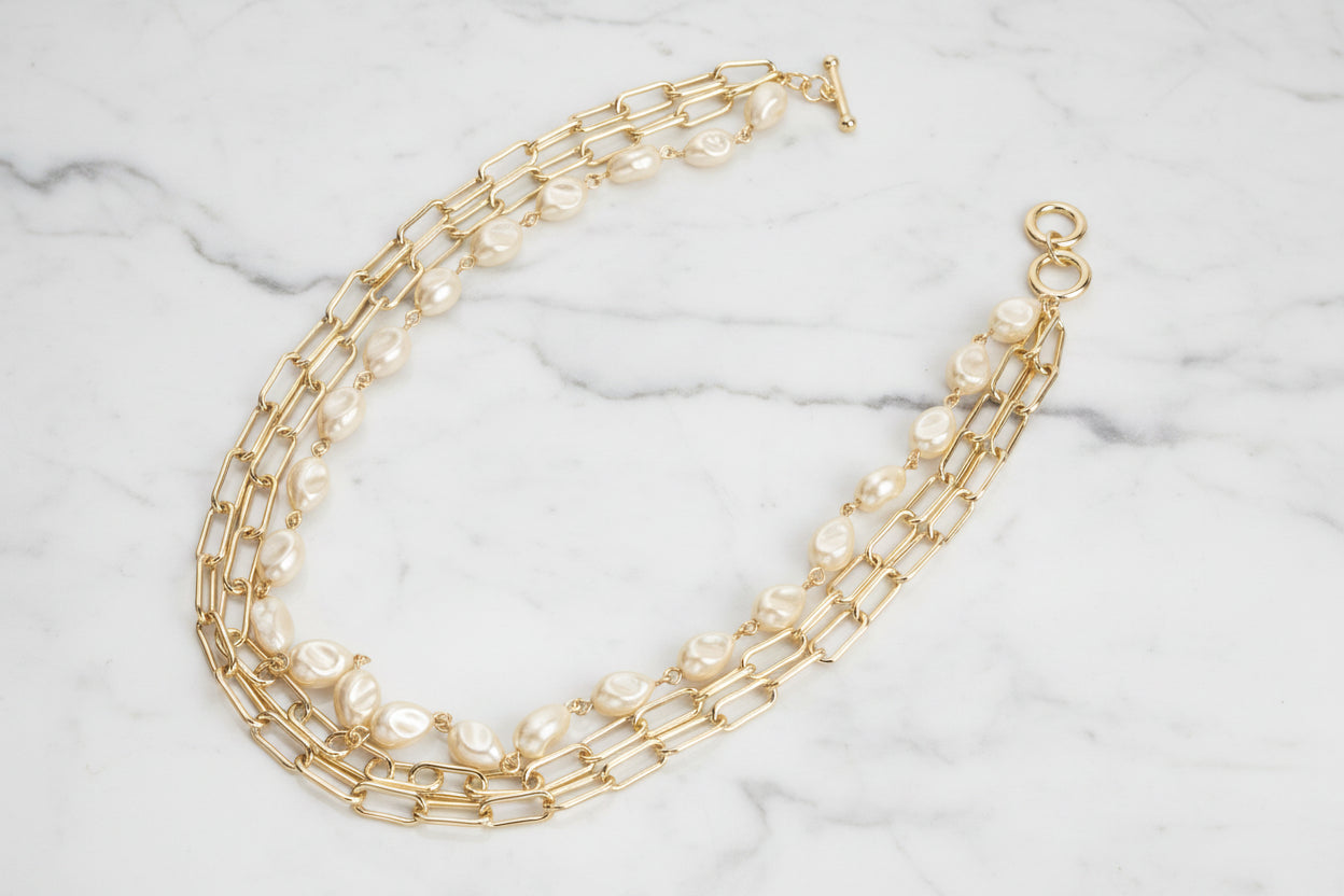 Gold 3-Strand Paper Clip Necklace w/ Pearls