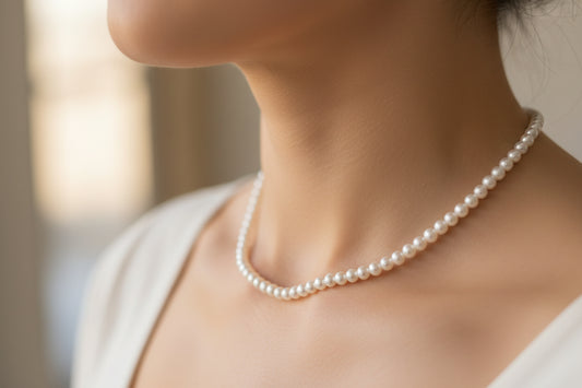 Lorena gold 5mm pearl necklace, 16-inch length, elegant jewelry with round pearl beads on a delicate chain.