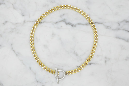 Lorena gold chain necklace with CZ toggle clasp, featuring a stylish and elegant design for everyday wear.