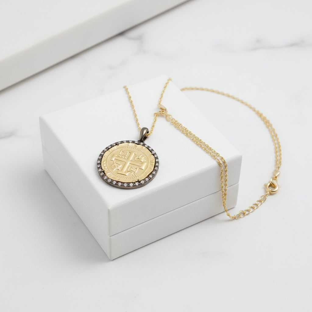 Lorena gold chain necklace with hematite and CZ cross pendant, 16-inch length, stylish jewelry accessory