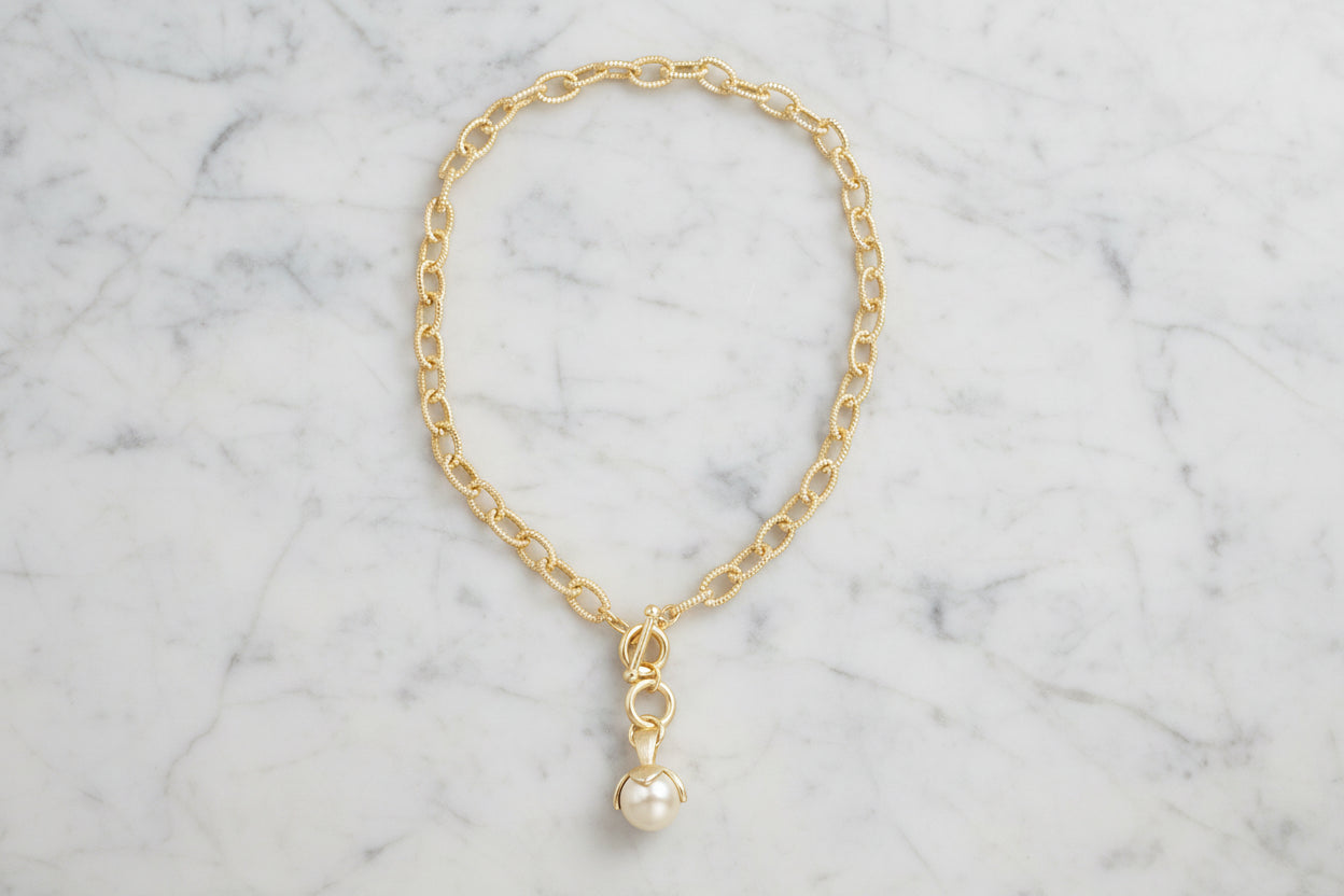 Gold Chain w/ Pearl Drop Toggle Necklace