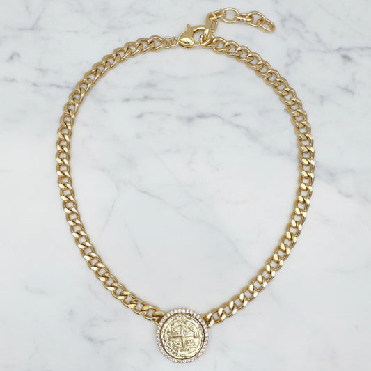 Gold CZ Spanish Coin Necklace
