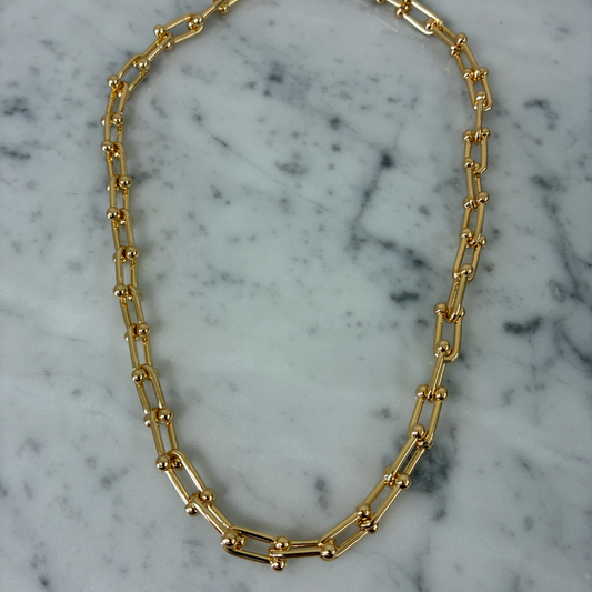 Lorena Gold Funky Link Necklace, 18-inch chain with bold, interconnected links, stylish jewelry accessory.