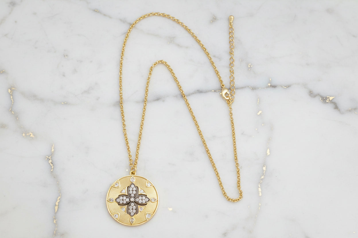 Gold & Hematite Flower Pendant Necklace - 16"