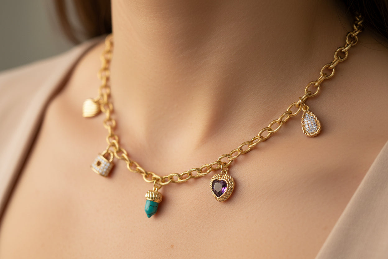 Gold Link Chain Charm Necklace