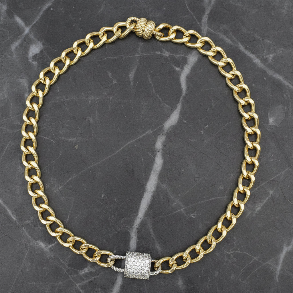 Gold Link Chain Necklace w/ Pave Lock