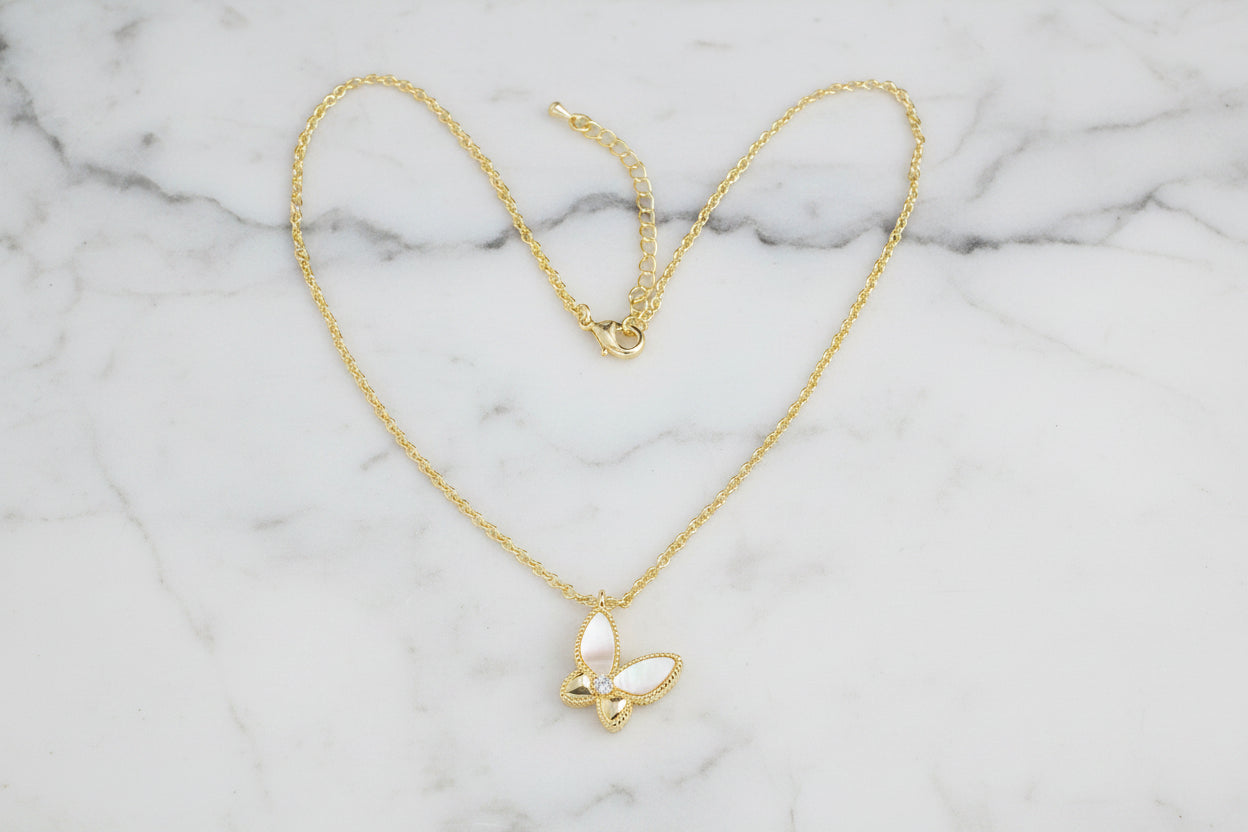 Gold & MOP Butterfly Necklace - 16"