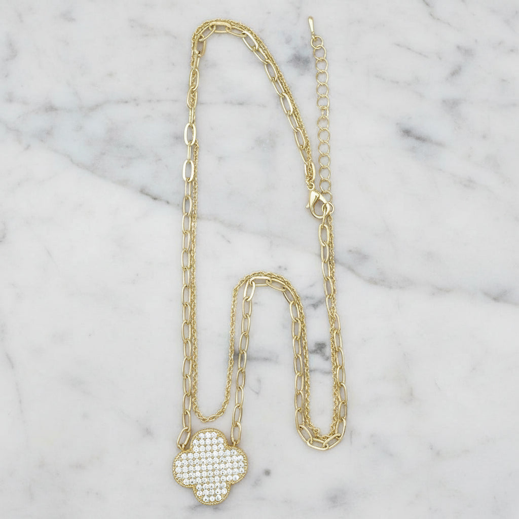 Gold Paper Clip Chain Necklace w/ Pave Clover