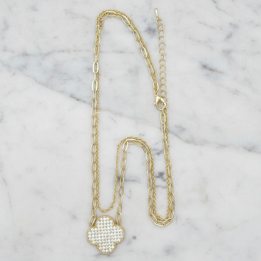Gold Paper Clip Chain Necklace w/ Pave Clover